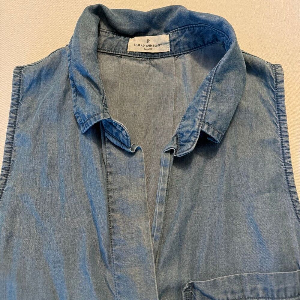 Thread & Supply Chambray Sleeveless Blouse | Lyocell Soft Wash Blue | Size S - Picture 3 of 10